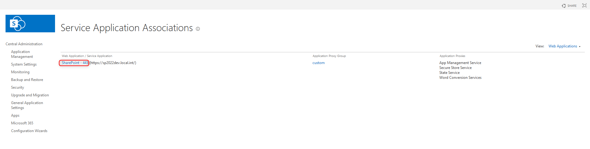 Service Application Associations Settings One